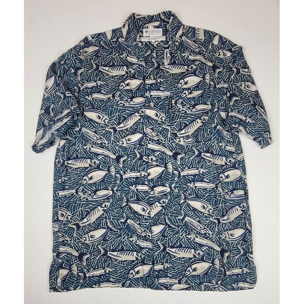 Columbia Hawaiian Button Up Shirt‎ Mens Med. AOP Fish Print Rayon Short Sleeve.